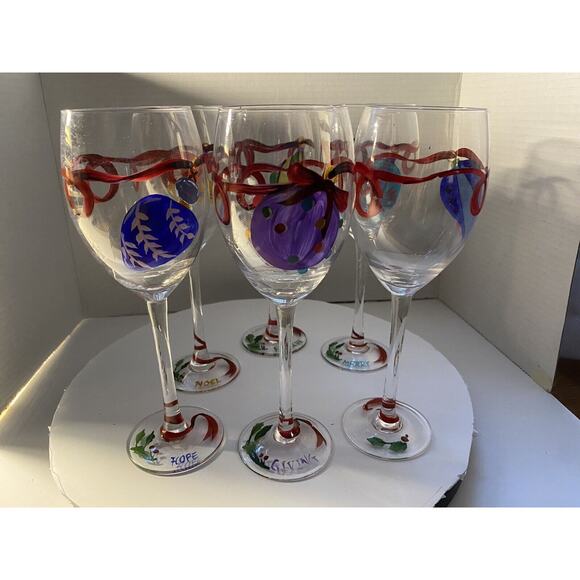 Lot Of 6 Hand-painted Christmas Stemware Wine Glasses Decorated With Ornaments - Picture 14 of 14